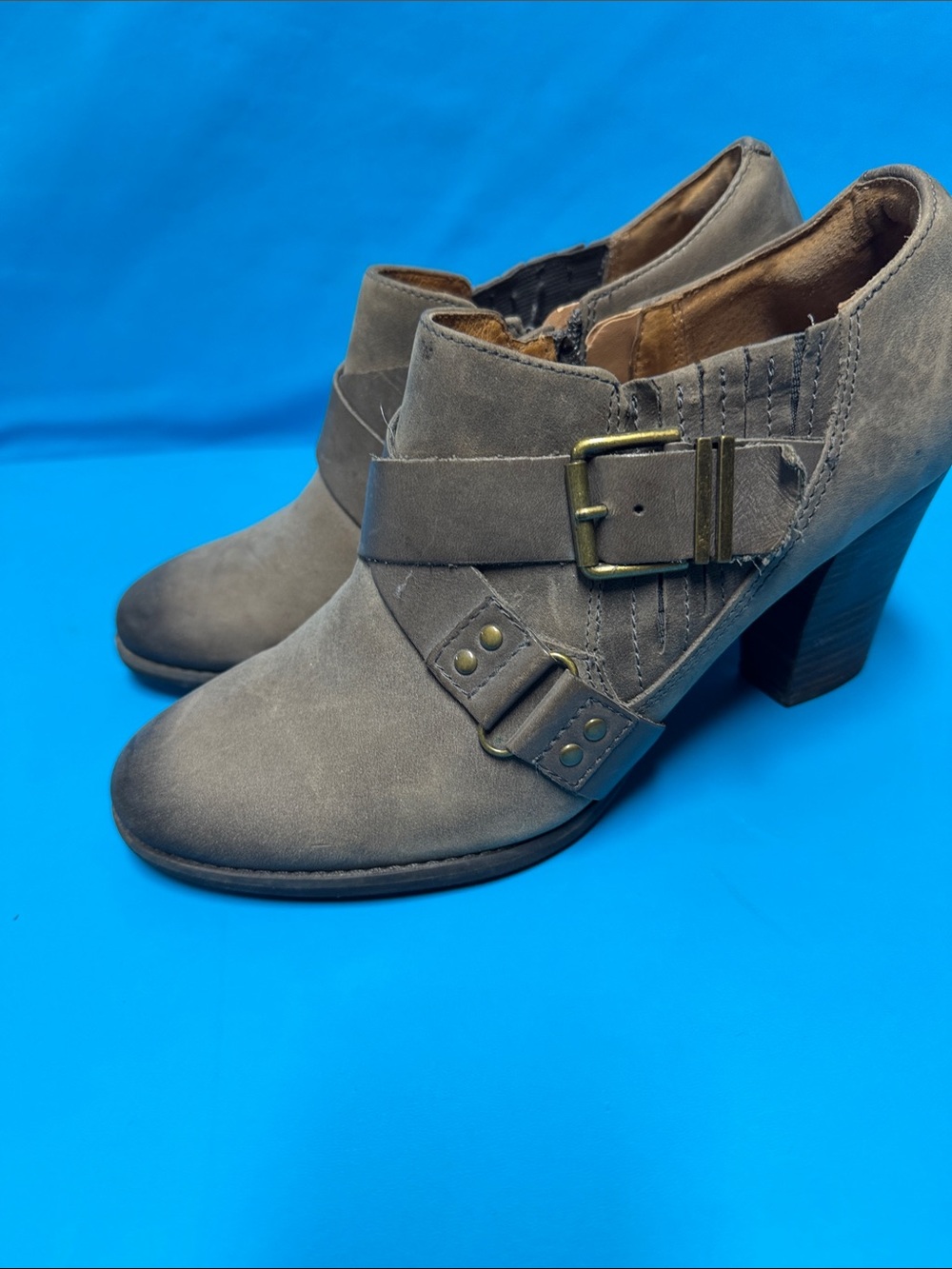 Clarks Gray Suede Buckle Heel Ankle Booties